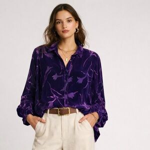 Mureli silk blend violet button up floral velvet burnout long sleeve top. XL